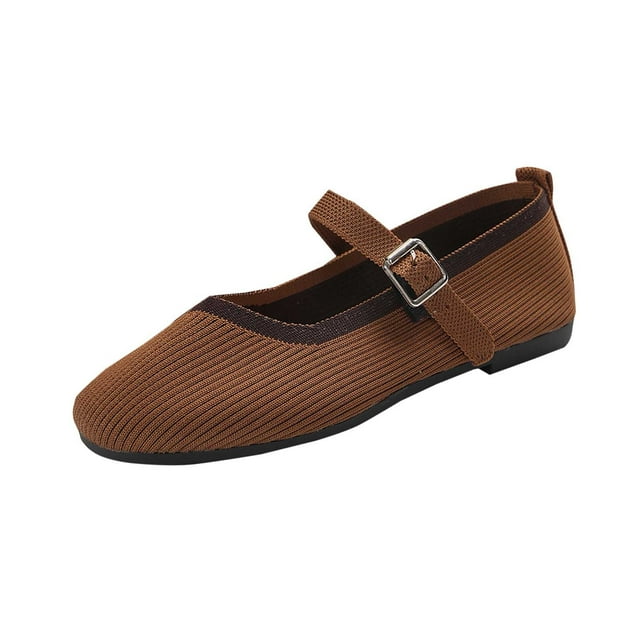 Brown Women'S Everyday Flat With Mesh Upper, Round Toe, Buckle Detail, Designed For Comfortable And Airy Wear