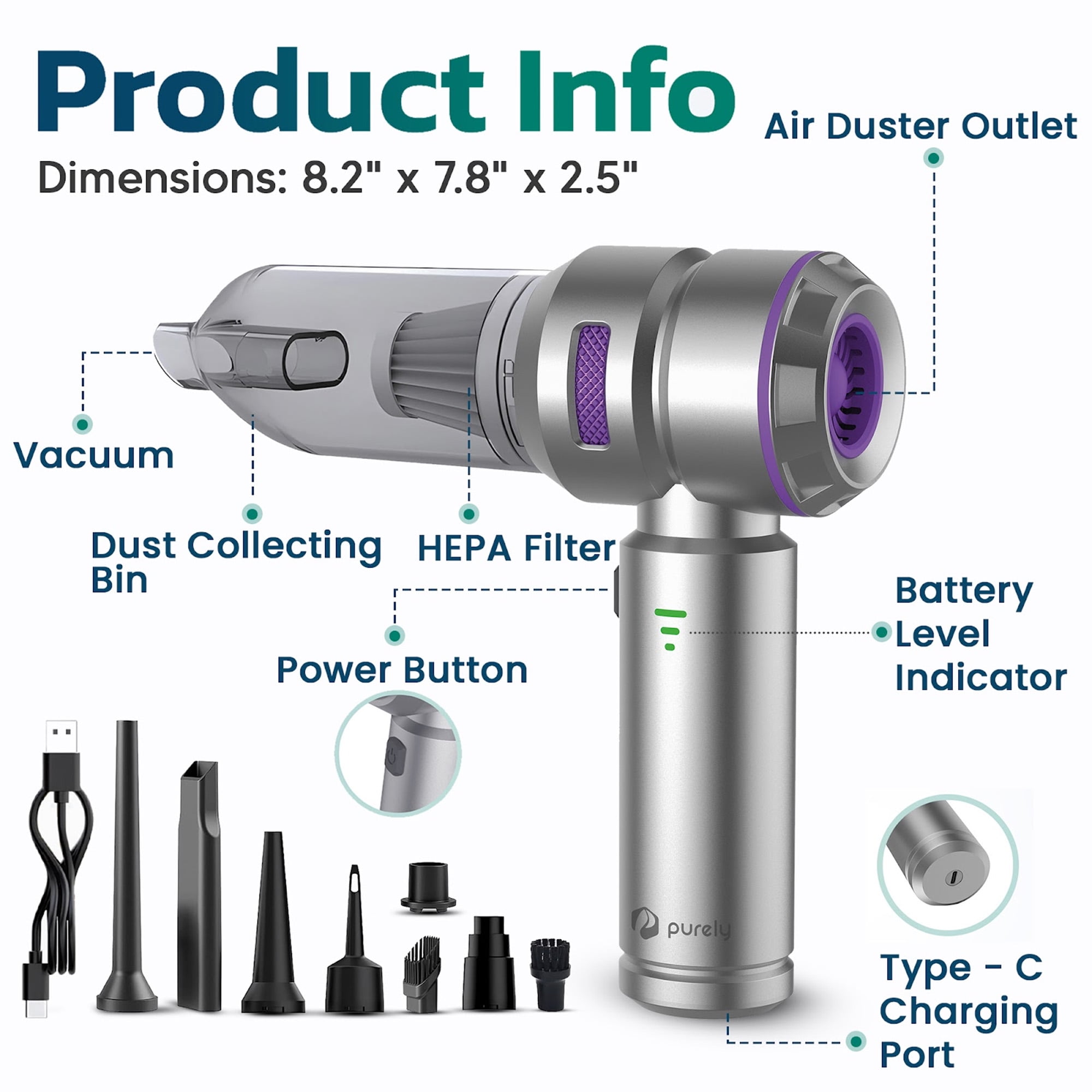 Purely C220 3 in 1 Compressed Air Duster, Mini Vacuum Cleaner & Hand Pump, 90000 RPM Electric air Duster for Keyboard Cleaner, Handheld Rechargeable Cordless Vacuum Brushless 100W High Power Motor