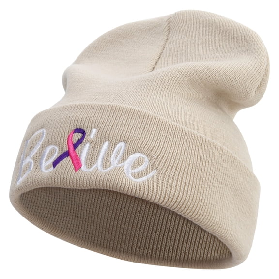 Cancer Awareness With Belive Embroidered 12 Inch Long Knitted Beanie - Birch OSFM