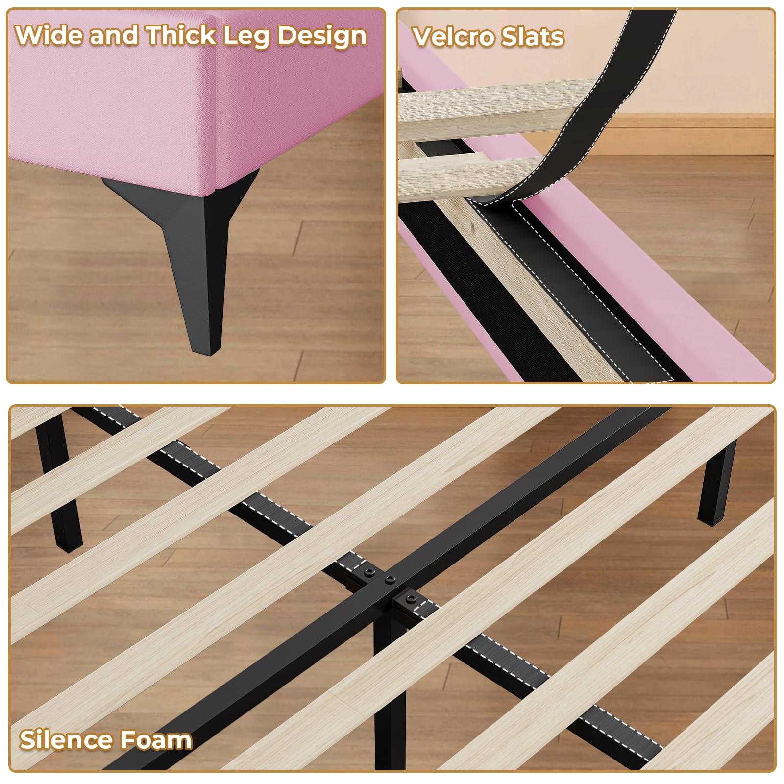 Afuhokles Twin Size Bed Frame with LED Lights, Upholstered Platform Bed, Pink