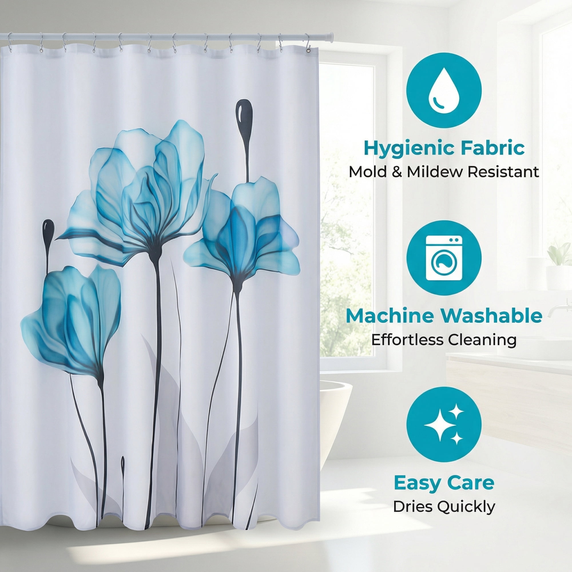 Unique Bargains Shower Curtain Waterproof Sets with Hooks Blue 71"W x 71"L