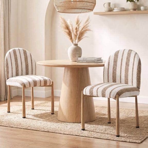 Upholstered Dining Chairs with Metal Legs, Modern Curved Back Side Chairs for Kitchen, Living Room, Office, Striped Fabric with Natural-tone Legs, Set of 2