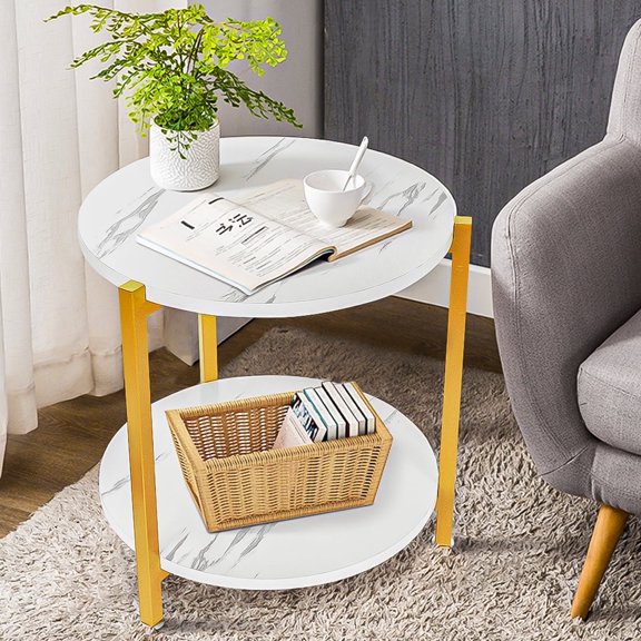 Hommpa Faux Marble Small Coffee Table Modern Accent Round Side Table for Living Room Gold Frame White