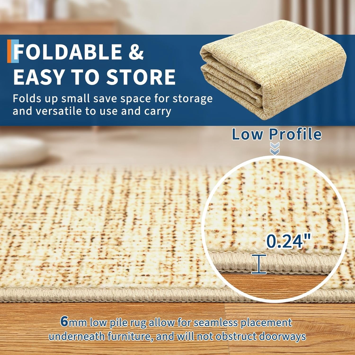 Memoryfield 5' x 7' Modern Area Rug, Washable Floor Cover, Non-Slip, Stain-Resistant Low-Pile Carpet for Living Room, Bedroom, Dining Room, Tan