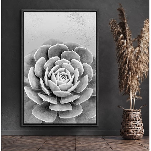 PixonSign Framed Canvas Print Wall Art Lily Pad Succulent Close-Up Floral Wilderness Illustrations Modern Art Rustic Relax/Calm Black and White for Living Room, Bedroom, Office - 24"x36" Black
