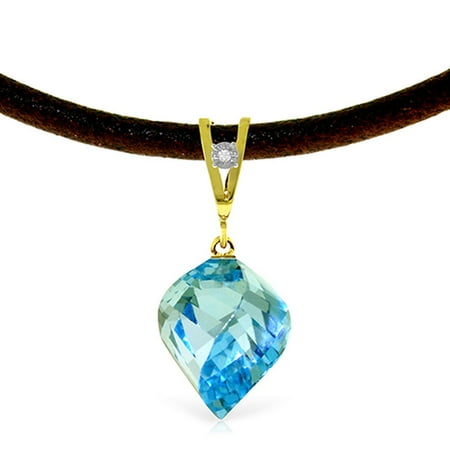 ALARRI 13.91 Carat 14K Solid Gold Leather Necklace Diamond Blue Topaz with 24 Inch Chain Length.