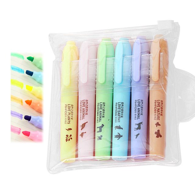 6pcs/Set Candy Color Highlighter Notebook Maker Pen Fluorescent Line Pen Fluorescent Marker in a clear pouch. Features six pastel highlighters in yellow, pink, green, blue, purple, and orange with animal-themed designs. Perfect for marking, doodling, and writing with a smooth ink system. Suitable for home, classroom, or office use.