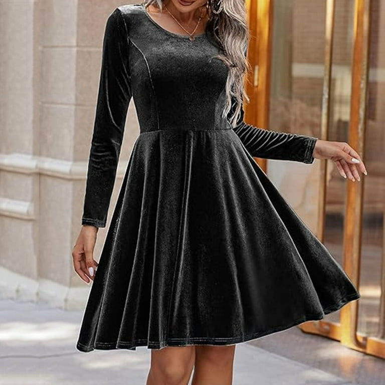 winter formal mini dresses 2024 qolati Women's Velvet Dress Fall Winter Long Sleeve Cocktail Christmas  Party Club Dresses Flare Swing Mini Prom Dress for Wedding Guest 2024 Black  L