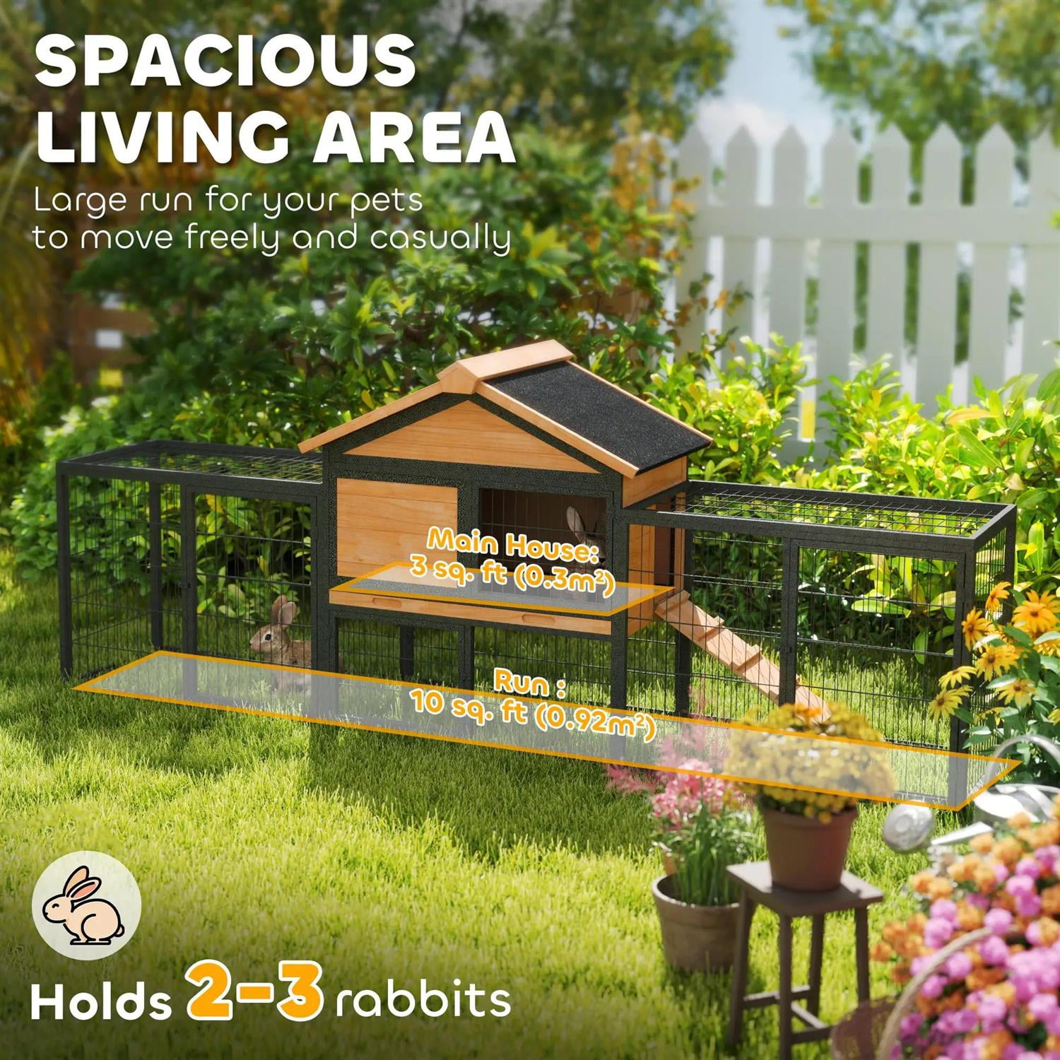 Pefilos 85" Wood Rabbit Hutch, Guinea Pig Cage with Removable Plastic Tray, Asphalt Roof, Bunny House for Small Animals Outdoor Indoor, Yellow