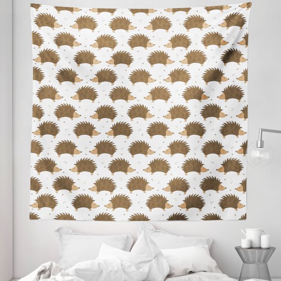 Hedgehog Tapestry, Cartoon Style Porcupine Mascots with Tiny Little Swirls and Leaves, Fabric Wall Hanging Decor for Bedroom Living Room Dorm, 5 Sizes, Caramel Pale Brown White, by Ambesonne