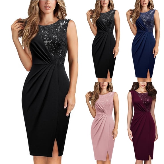 Youpwaven Women's Sequin Patchwork Sleeveless Dress, Elegant Ruched Bodycon Party Gown, Sexy Side Slit Cocktail Dress for Evening Gala