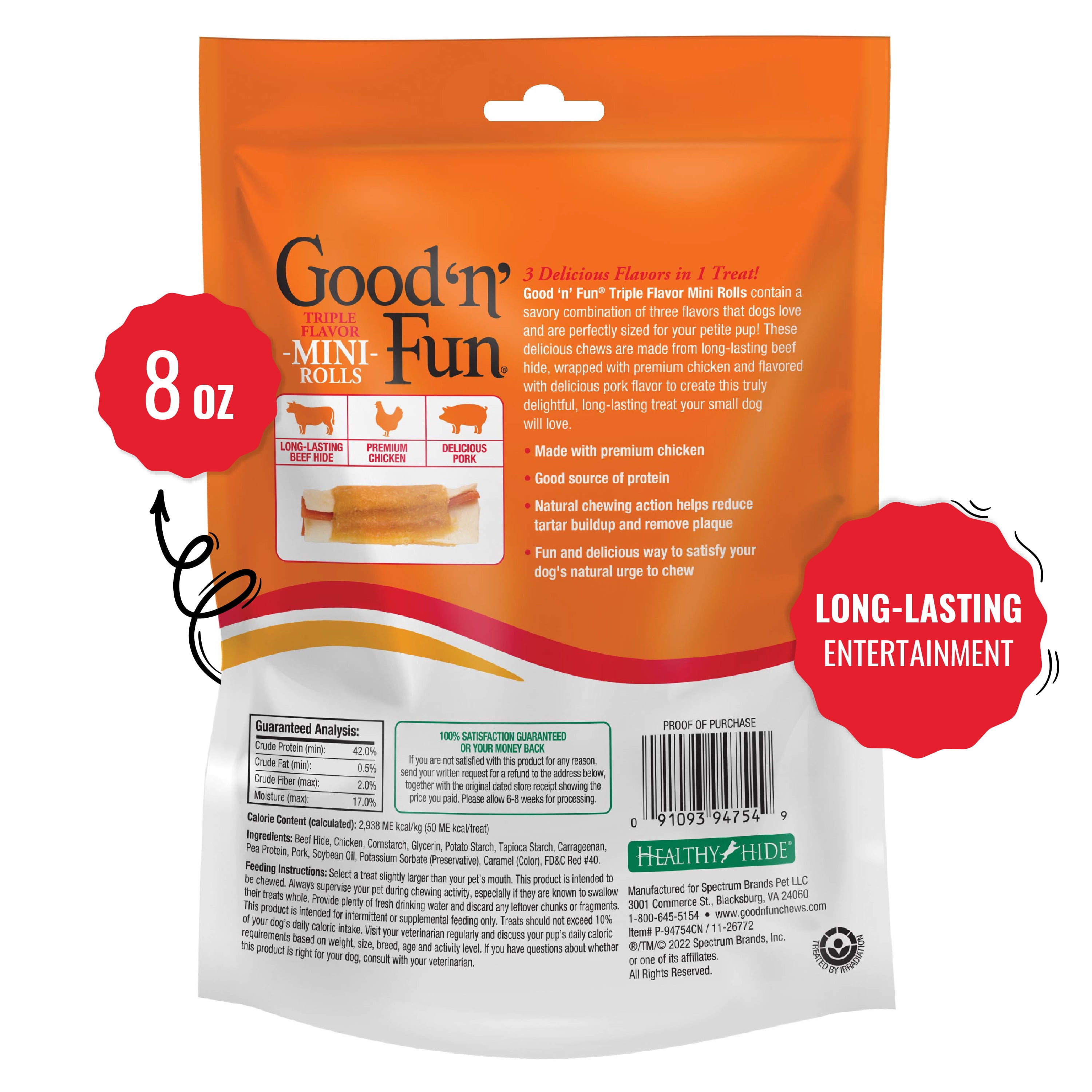Good ‘n’ Fun Triple Flavor Mini Rolls, Long Lasting Dog Chews, 8 oz