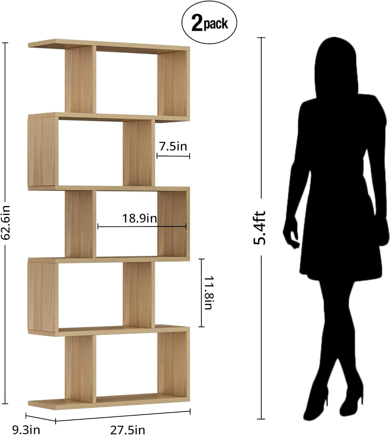 DIYART Oak 5-Tier Geometric Bookcase, S-Shaped Modern Bookshelf set of 2