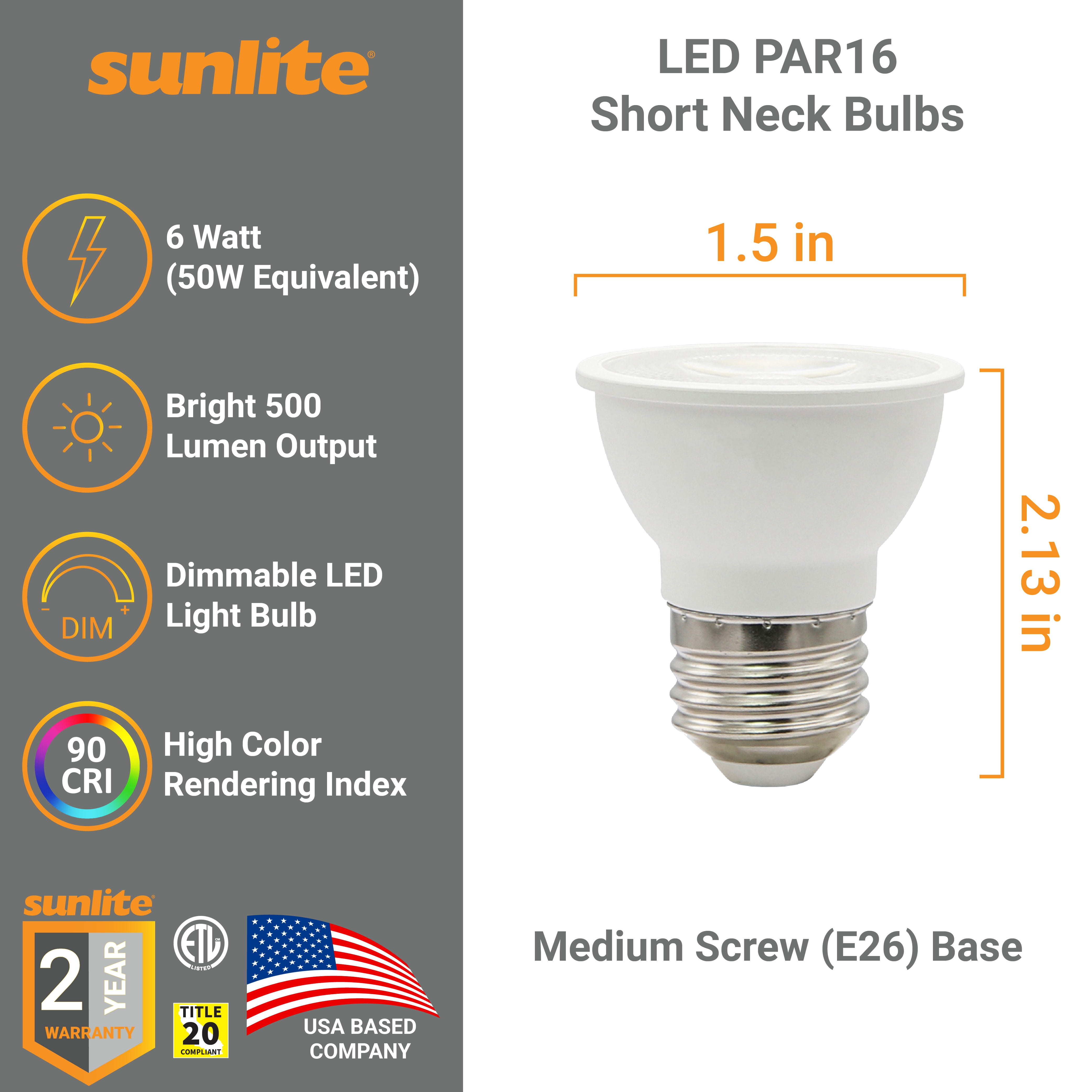 Sunlite LED PAR16 Short Neck Recessed Flood Light Bulb 6-Watt, (50W Halogen Replacement), 500 Lumens, Medium E26 Base, Dimmable, 90 CRI, ETL Listed, Title 20 Compliant, 6 Count, 2700K Warm White