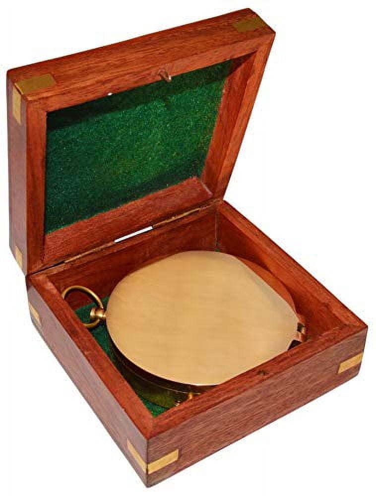 Large 4" Brass Compass with Rosewood Storage Box, Fully Functional Nautical Pirate Cosplay Costume Decoration