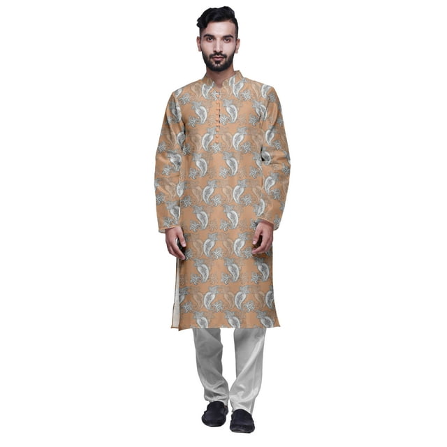 Atasi Kurta Long Indien en Satin Modal Imprimé pour Homme avec Ensemble de Pyjama Churidar Blanc