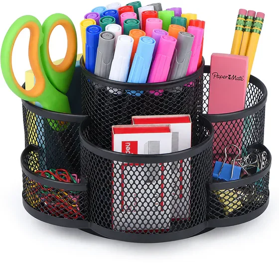 Pen Holder for Desk, 360 Rotating Pencil Holder, Black Mesh Desk Organizer, Multi-functional Office Organizer Cup Holder for Desktop Accessories Storage