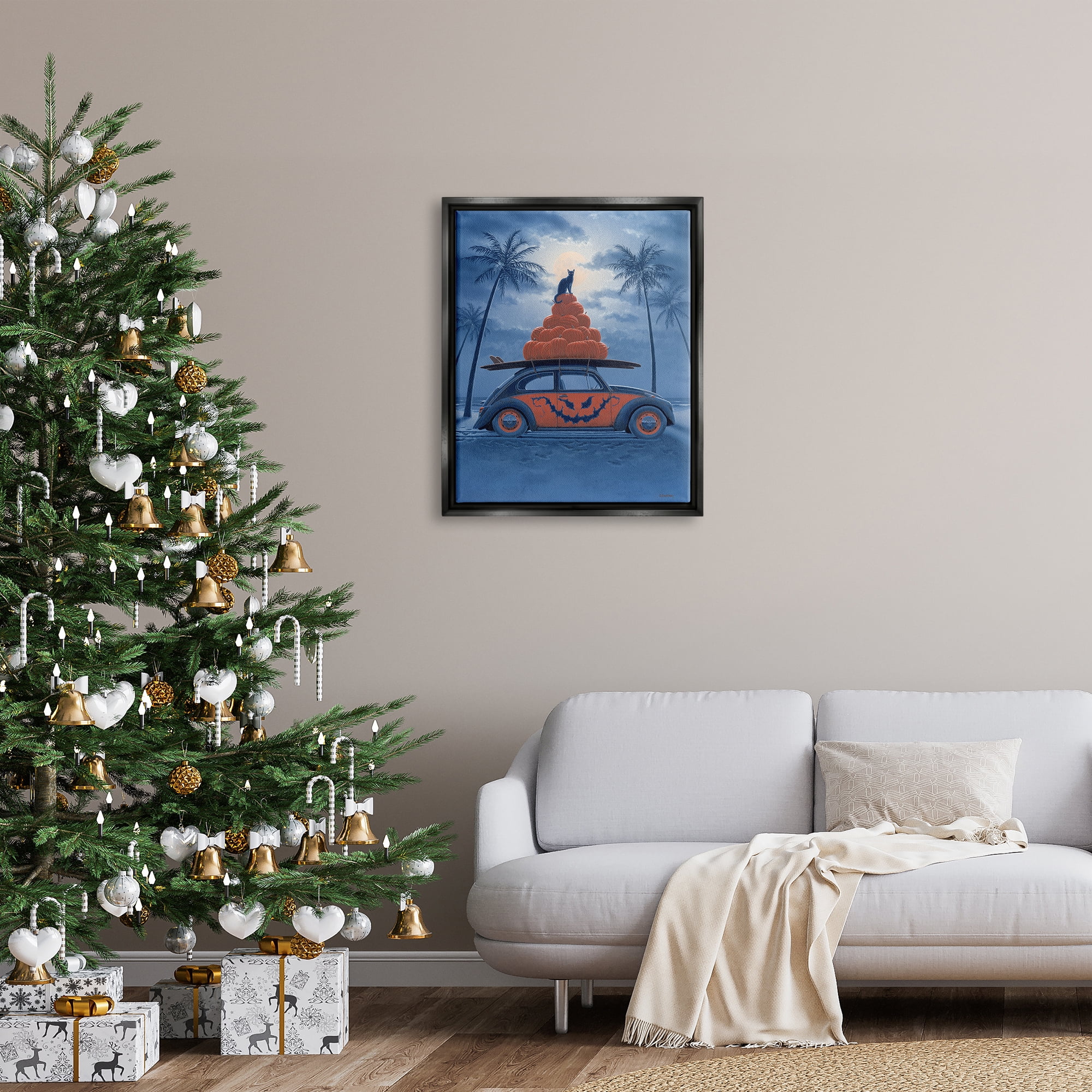 Stupell Industries Spooky Tropical Beach Pumpkin Car Holiday Painting Black Floater Framed Art Print Wall Art