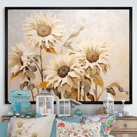 Designart "Retro Sunflower Blossoming I" Sunflowers Floater Framed Wall Art Living Room