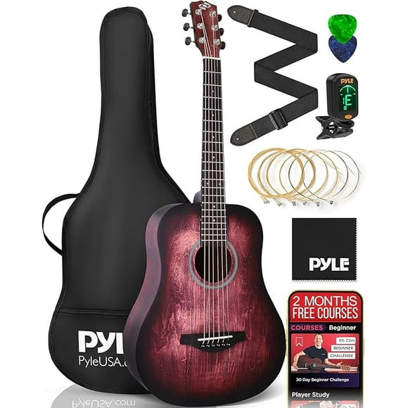 Pyle Acoustic Guitar Kit, 1/2 Junior Size All Wood Steel String Instrument for Beginner Kids, Adults, 34" Crimson Burst Matte