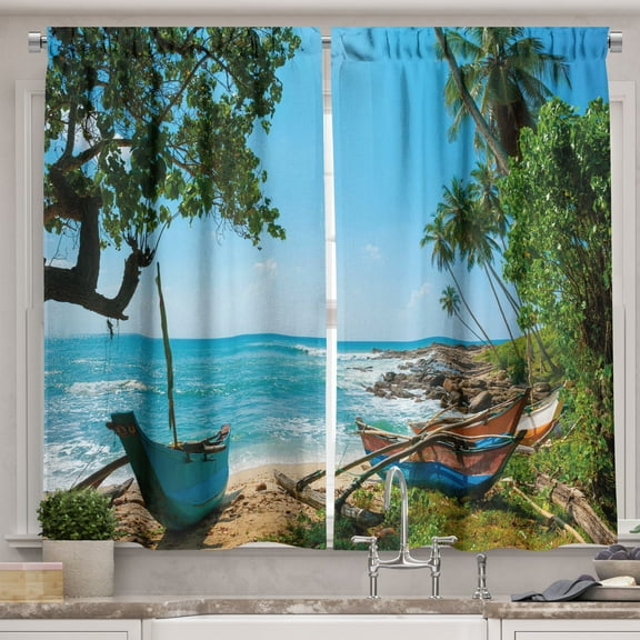 Ambesonne Beach Kitchen Curtains, Tropical Ocean Scenery, 55"x39", Green and Blue