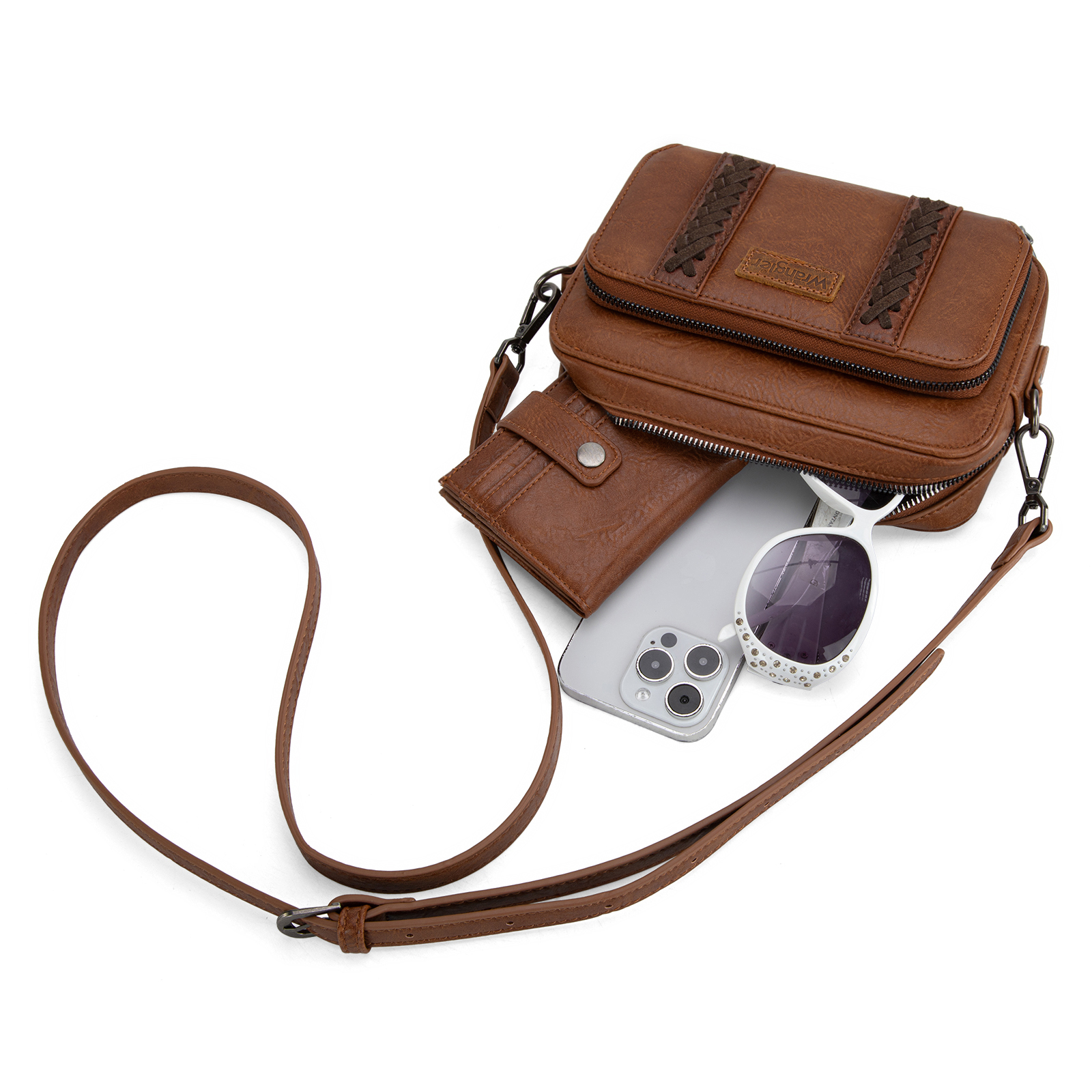 Wrangler Crossbody Bag for Women Vegan Leather Western Shoulder Purse Small Multi Pocket Crossbody Wallet Purse Crossover Bags with Adjustable Strap, Brown