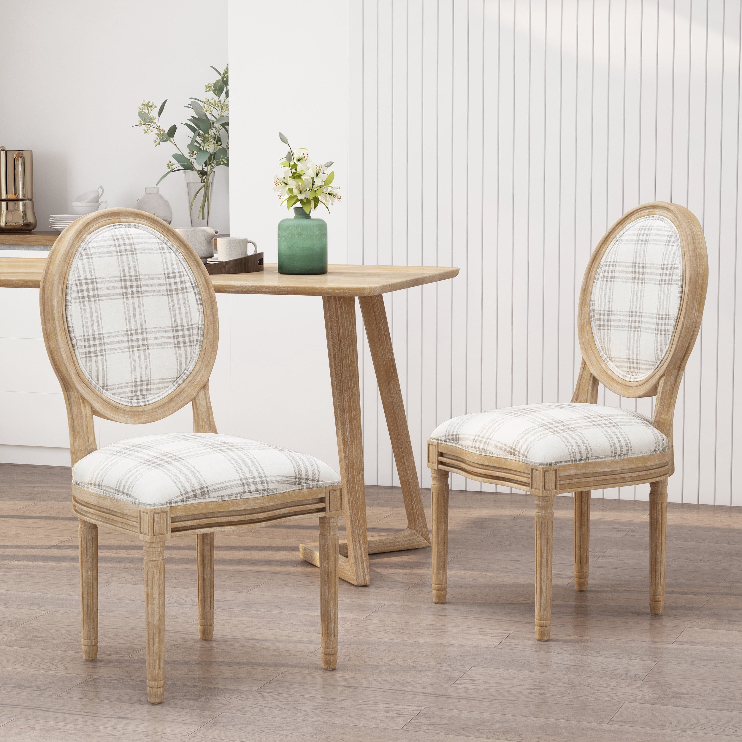Noble House Karter Fabric Dining Chairs, Set of 2, Gray Plaid and Light Beige