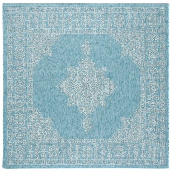 SAFAVIEH Courtyard Delbet Distressed Medallion Indoor/Outdoor Area Rug, 6'7" x 6'7" Square, Aqua/Grey