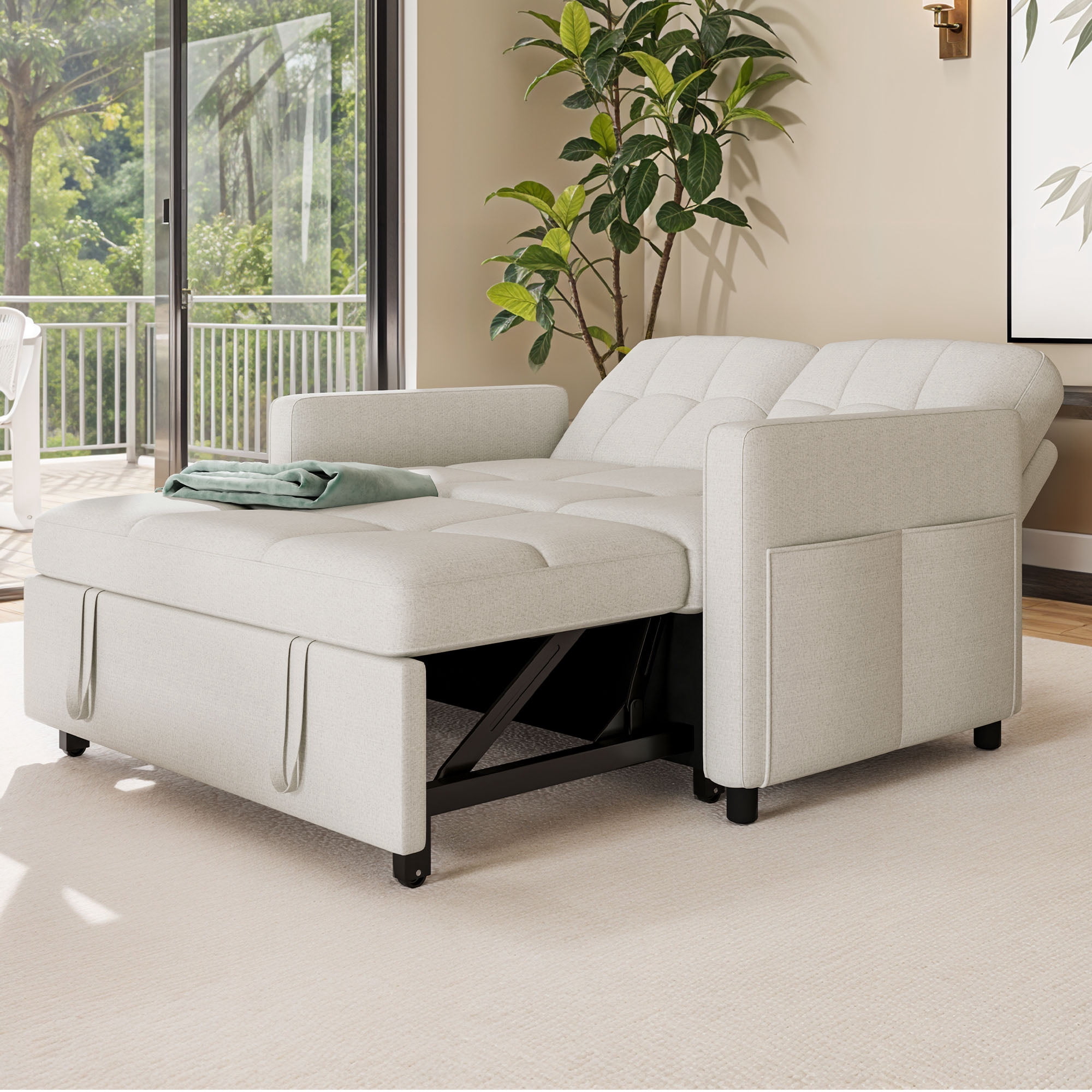 Uforic 55" Modern Convertible Sofa Bed with Pull Out Bed, Upholstered Loveseat Sofa Couch with Adjustable Backrest, White