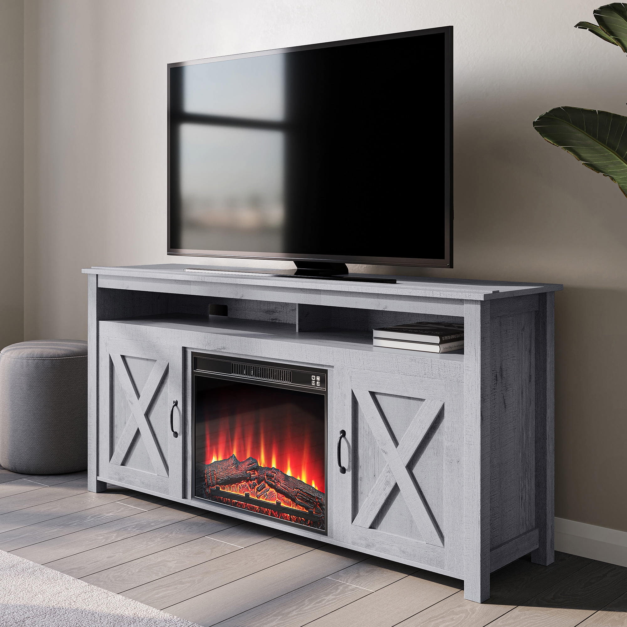 Belleze Fireplace Tv Stand Media Entertainment Center Corin Light Gray Com Belleze Fireplace Tv Stand Media, Tv Stand With Built In Speakers And Fireplace