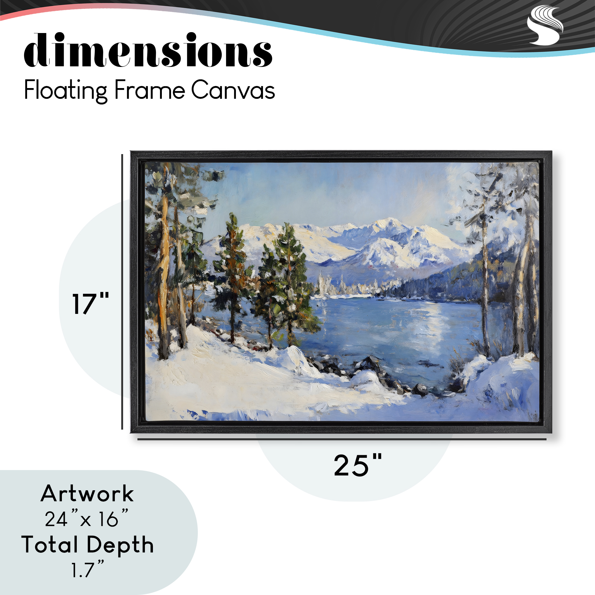 Winter Mountain Lake Black Framed Floater Canvas Wall Art, design by Petal Prints Design