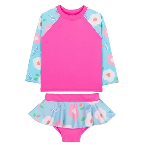 Fesfesfes Toddler Baby Girl Flowers Print Long Sleeve Swimwear Shorts Sun Protection, 2-pcs, Pink