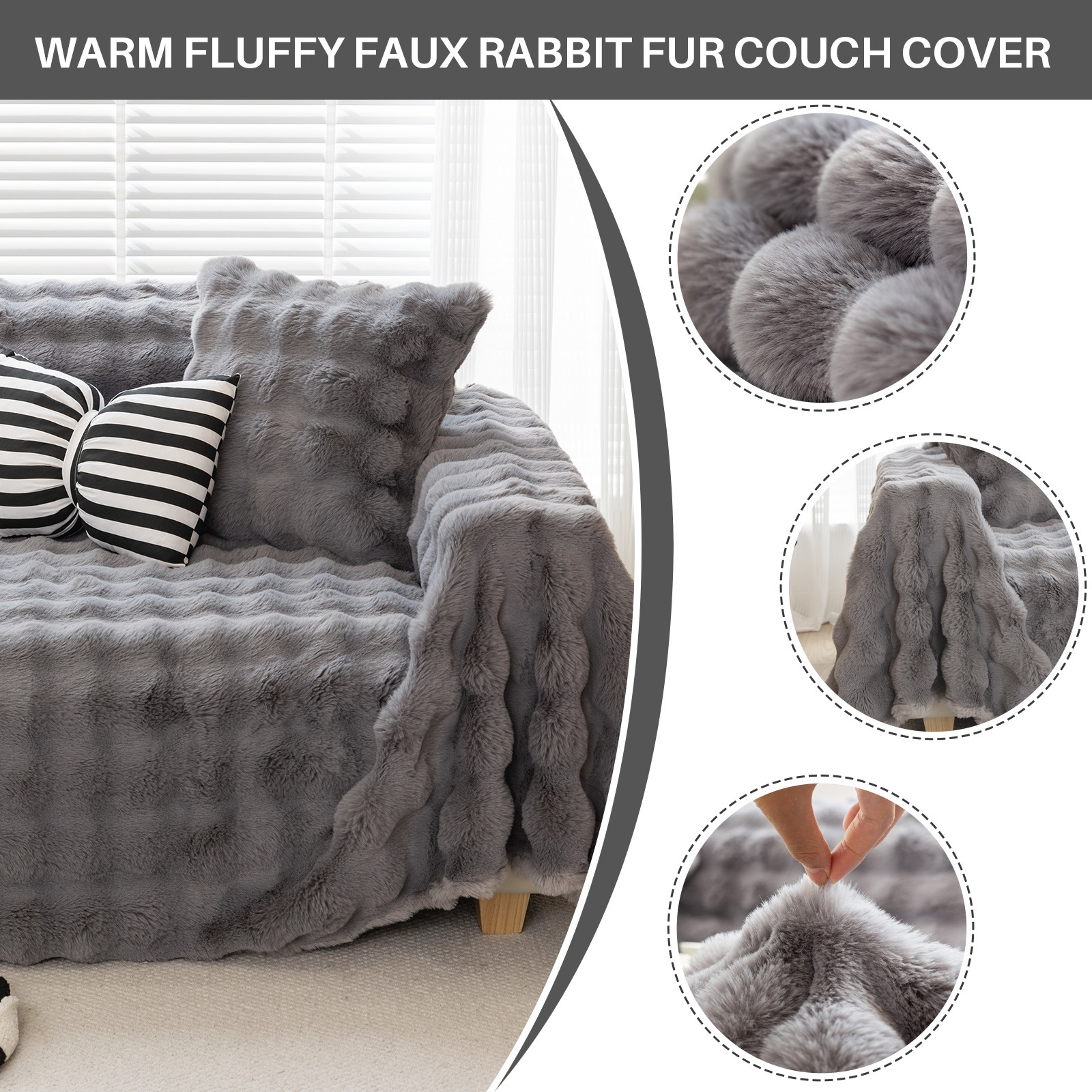 WOOW DEPOT Warm Faux Rabbit Fur Sofa Cover Machine Washable, Thick Throw Blanket L Shape Slipcover for 3 Cushion Couch, Dark Gray 71"x134"