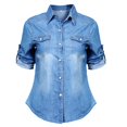 thumbnail image 1 of Spring Women Blue Jean Blouses Soft Denim Long Sleeves Shirt Slim Tops, 1 of 5