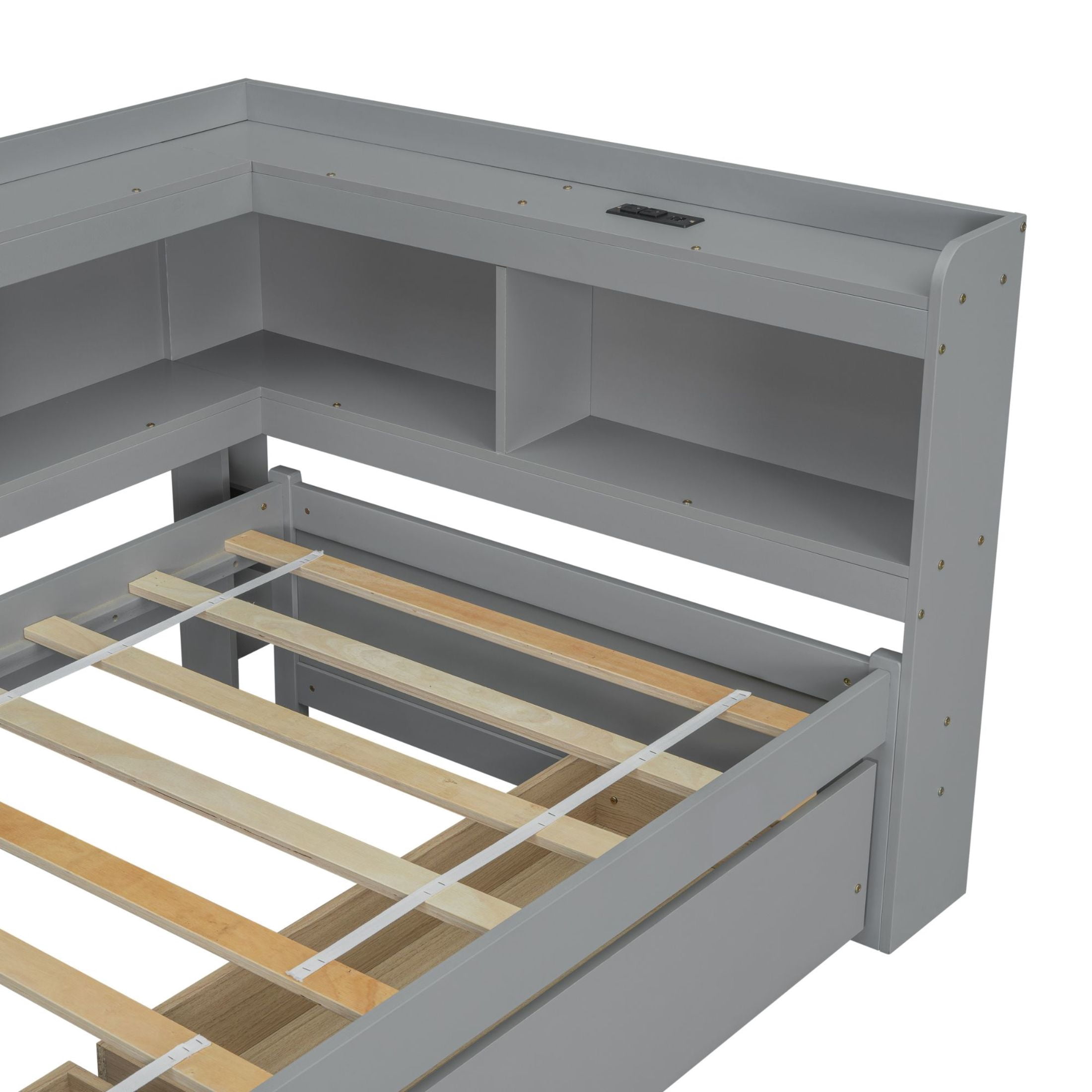 Noble House Twin L-Shaped Bookcase Bed, Pine Wood Frame with Power Outlets, Storage Drawers & Headboard Shelves, Grey
