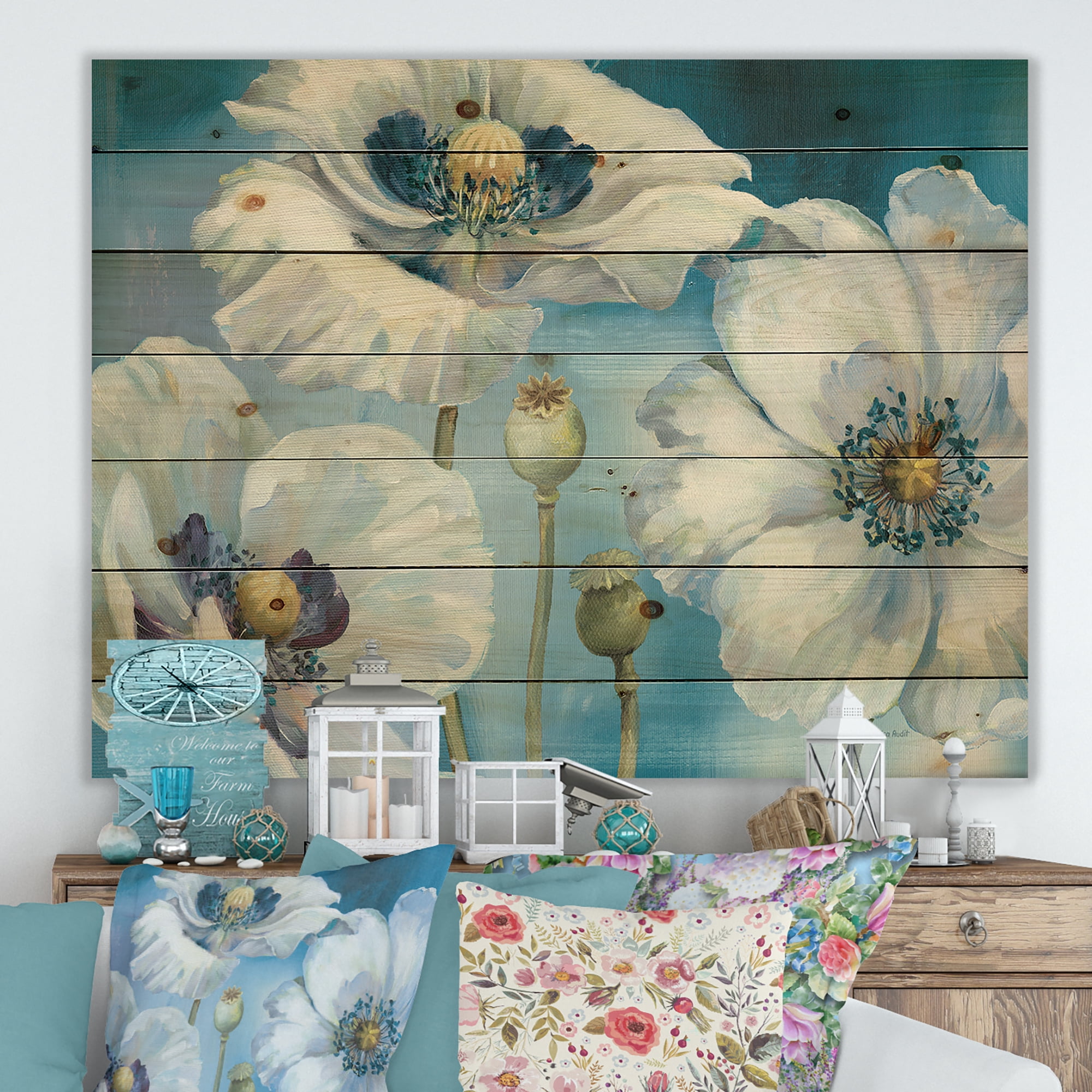 Designart 'Close Up White Flower on Blue III' Farmhouse Print on Natural Pine Wood
