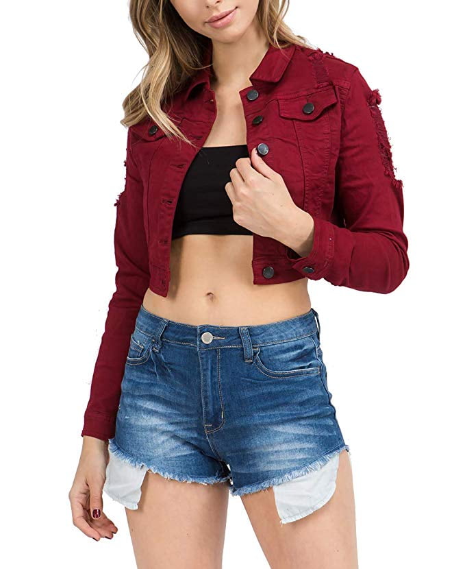 Love Moda Women's Cropped Destroyed Denim Color Jacket (Burgundy, 1X # ...