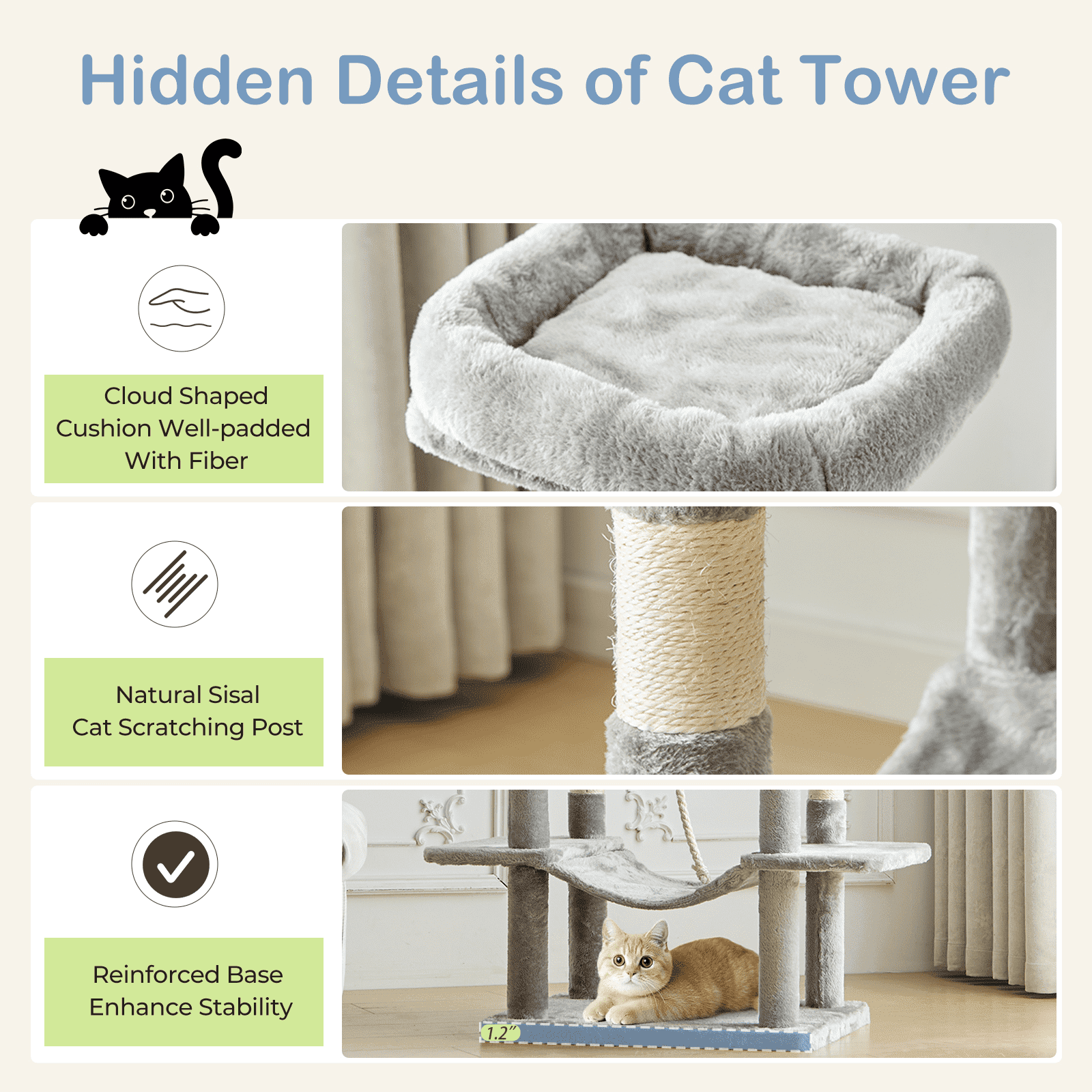 MAYEERTY 66-inch Cat Tree Tower Multi-Cat Climbing Extended Platform Hammock Pet House