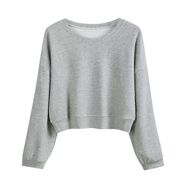Bmisegm Women Solid Color Round Neck Casual Long Sleeve Cropped Sweater Top Sweatshirts for Women Grey M