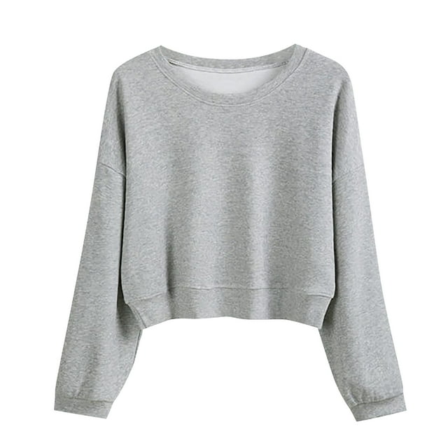 Aocisk Chandail Court à Manches Longues Décontracté pour Femme, Uni, Col Rond, pour Superposition, Gris, TG