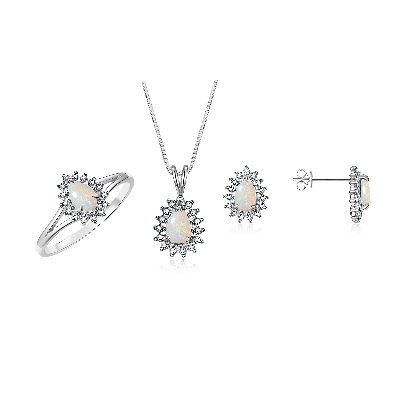 RYLOS Women's Sterling Silver Birthstone Set: Ring, Earring & Pendant Necklace. Gemstone & Diamonds, Pear Tear Drop Shape 6X4MM Opal October Birthstone. Exquisitely Matching Jewelry, Size 6