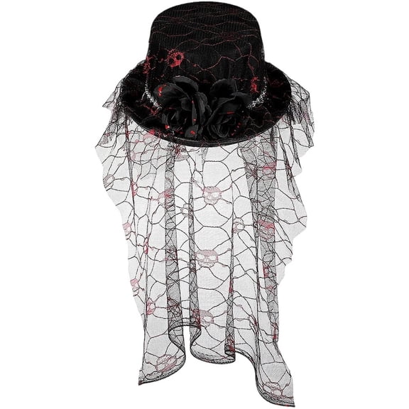 Vjnyvs Gothic Black Funeral Hat Skull with Veil Bride Bucket Hat for Day of the Dead Lolita Hair Accessory, 10 In