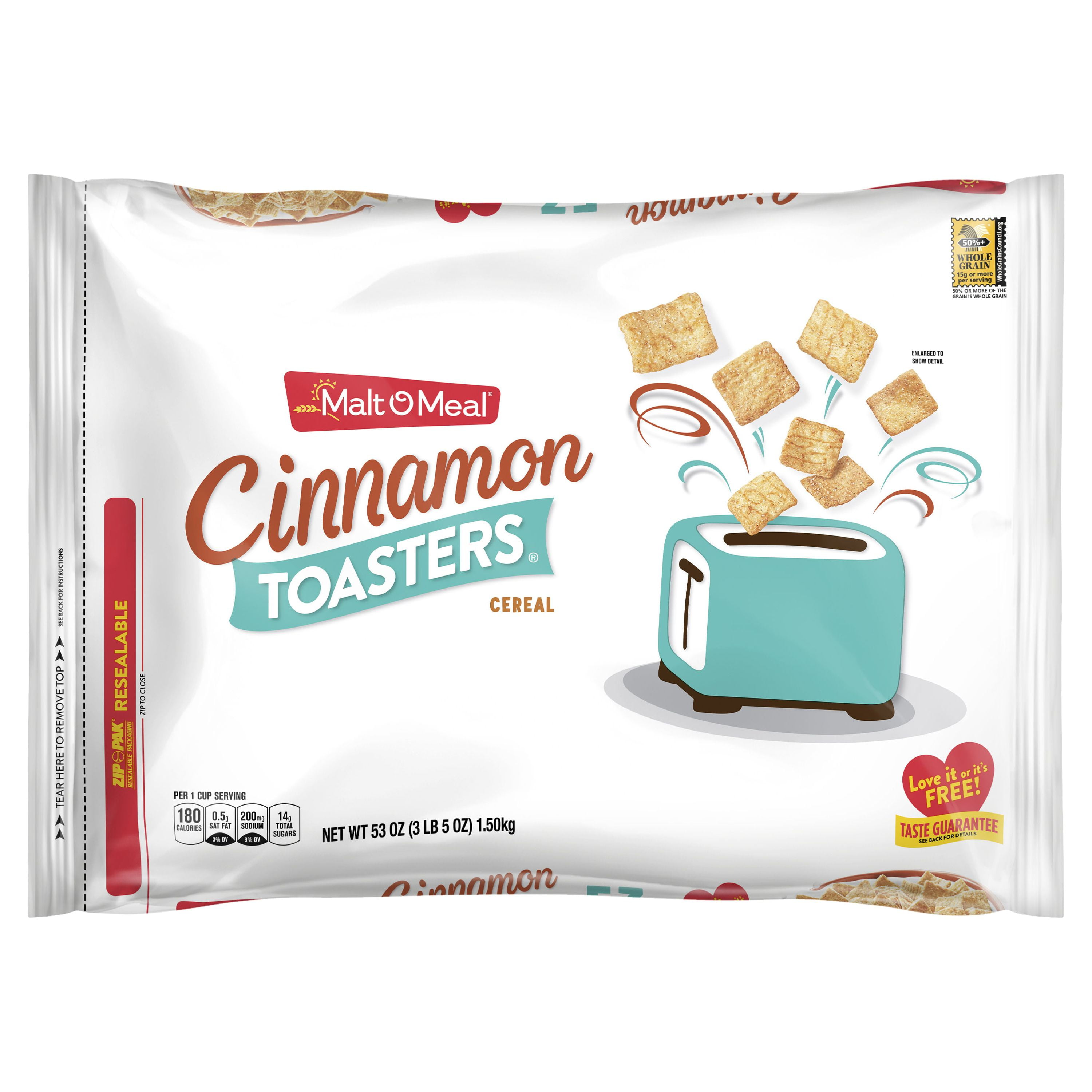 Malt-O-Meal Cinnamon Toasters Breakfast Cereal, Cinnamon Cereal Squares, 53 OZ Resealable Cereal Bag