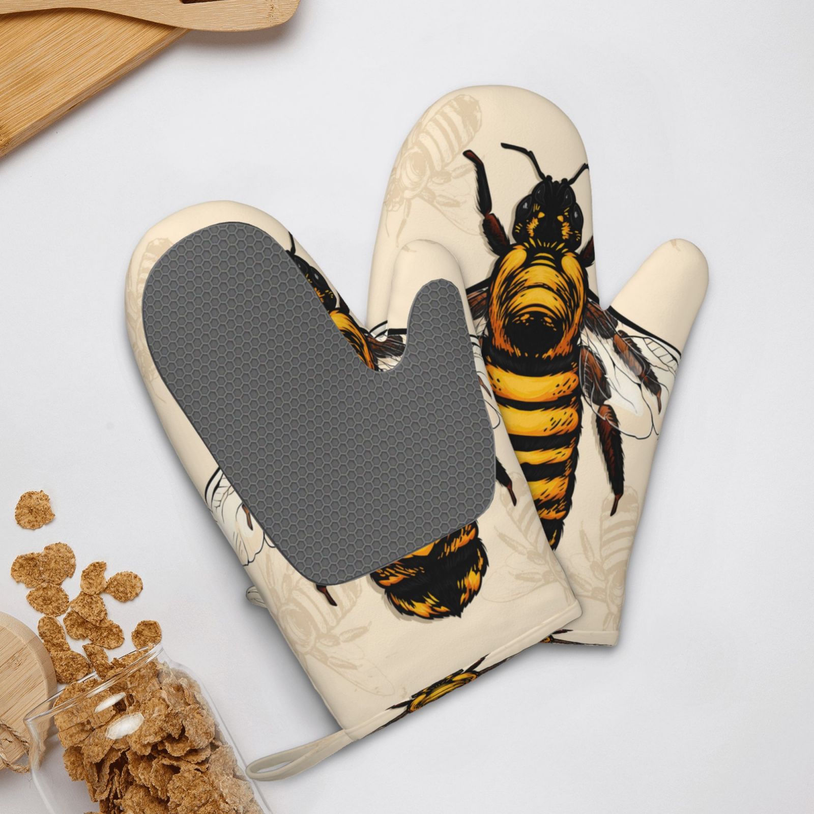 Hirioo Honey Bee for Silicone Oven Mitts for BBQ, Baking, Cooking, Set of 2, Heat Resistant 260℃, Non-Slip Kitchen Essentials