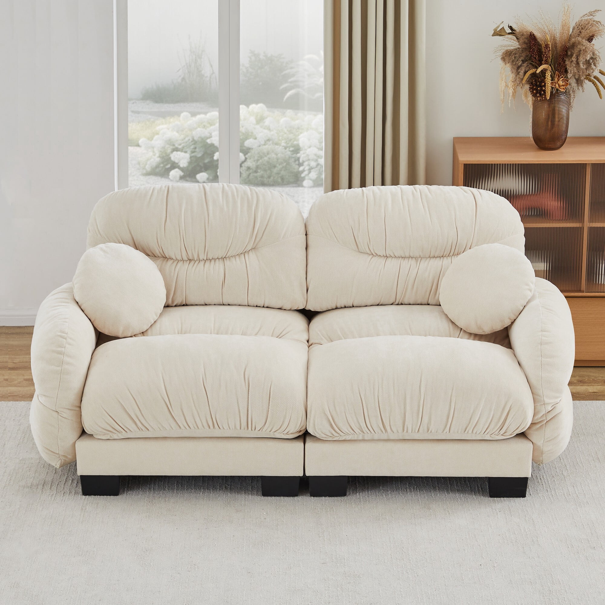 AENKYO 82" Modular Sofa, Cozy Chenille 2-Seater Loveseat w/ Pleated Design, Deep Seat Foam Couch & 2 Pillows, Beige