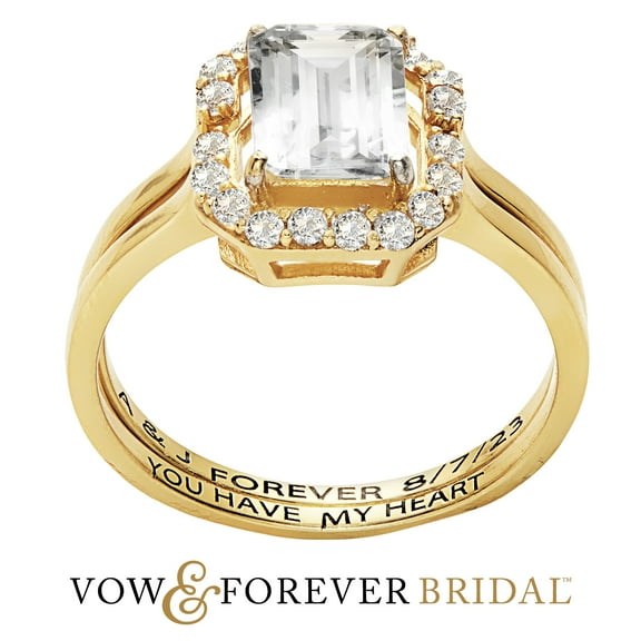 Vow & Forever Personalized Planet Bridal 14K Gold over Sterling Silver Emerald Cut White Topaz 2 Piece Engraved Wedding Set ,Women's