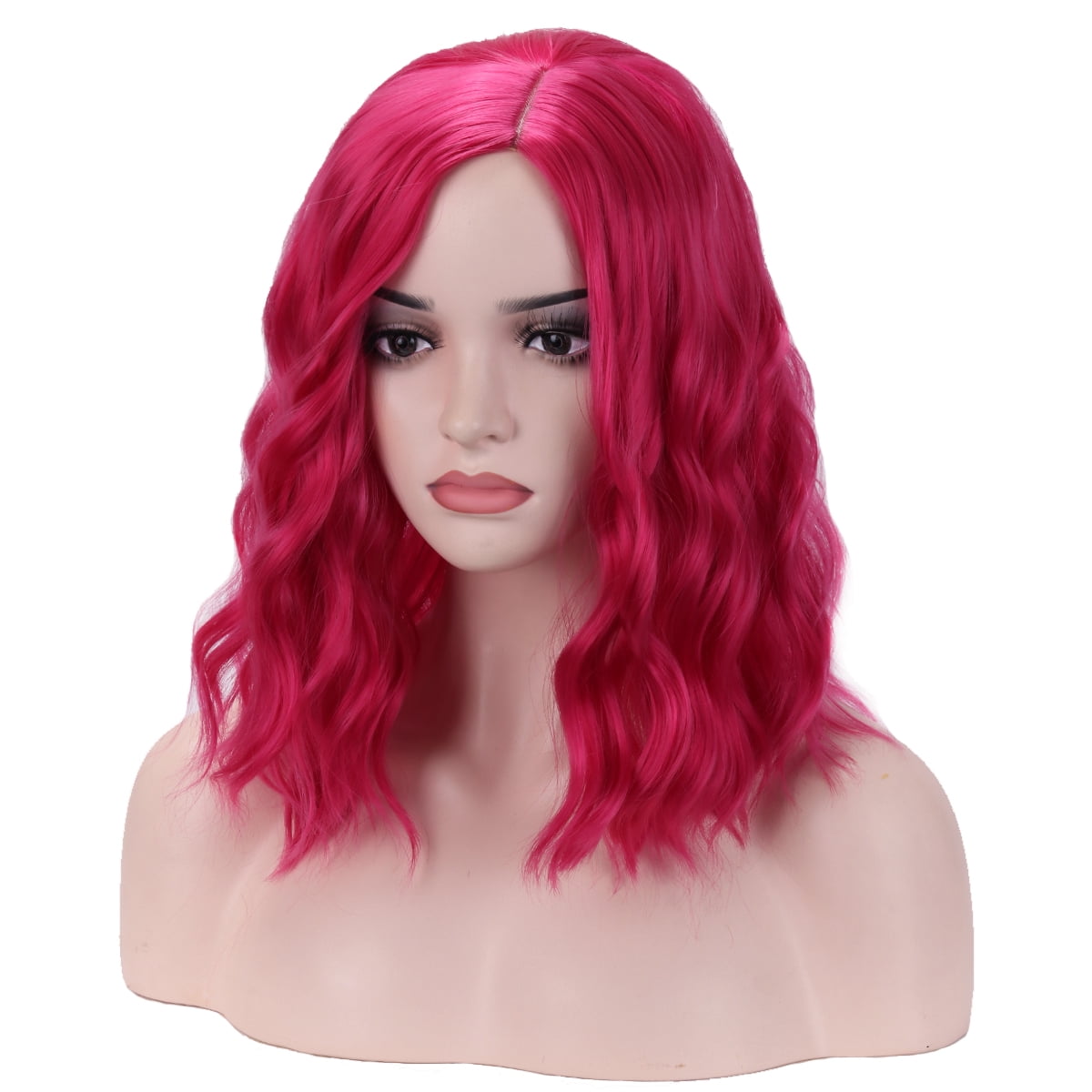 RightOn Hot Pink Wig Short Curly Bob Wig Hot Pink Wigs for Women Girls Beach Wave Wigs with Wig Cap