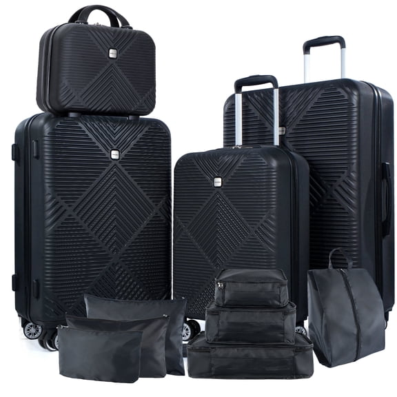 Tripcomp 11 Piece Hardshell Luggage Set, 20/24/28 Inch Carry On Spinner Suitcase with Packing Cubes Toiletry Bag, Lightweight Durable Travel Suitcase Smooth Rolling Wheels,Black