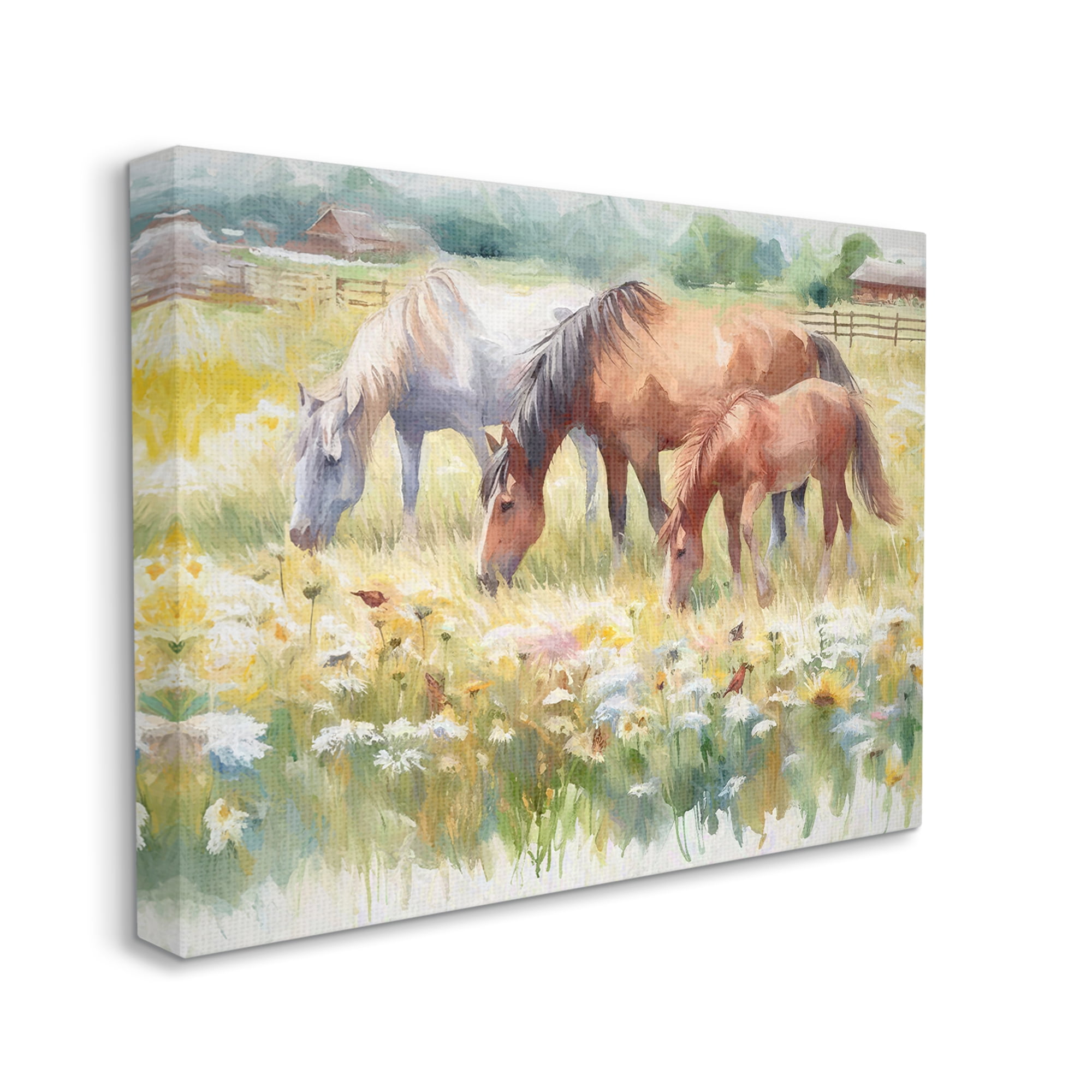 Stupell Industries Grazing Horses in Meadow Animals & Insects Painting Gallery Wrapped Canvas Art Print Wall Art, 20 x 16
