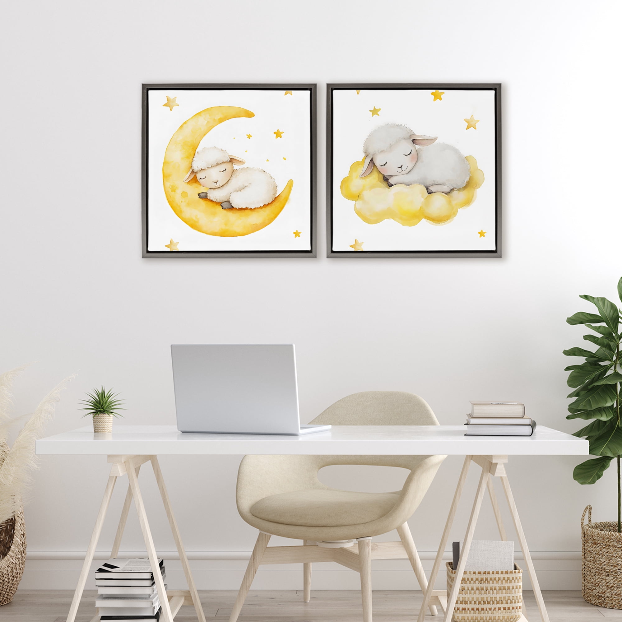 Stupell Industries Sleeping Sheep Cloud and Moon 2 Piece Gray Framed Floater Canvas Set, design by LSR Design Studio